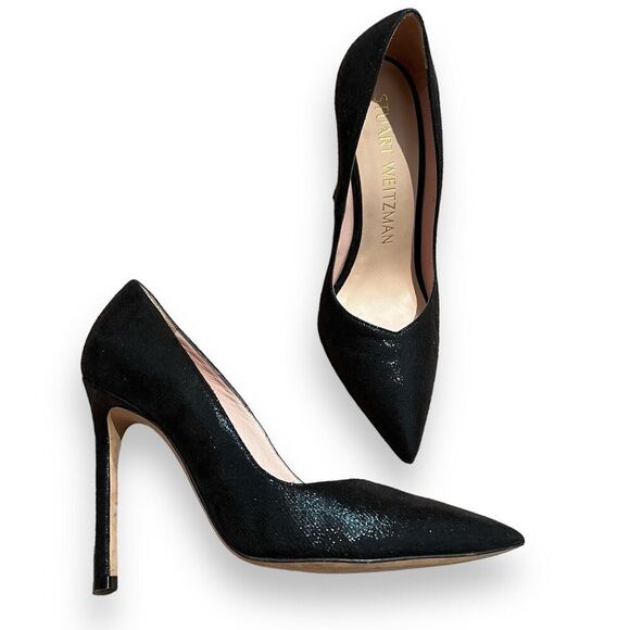 Stuart Weitzman Heels Womens 8 Black LAT - Lame Pointed Glitter Sparkle Festive - Picture 1 of 12